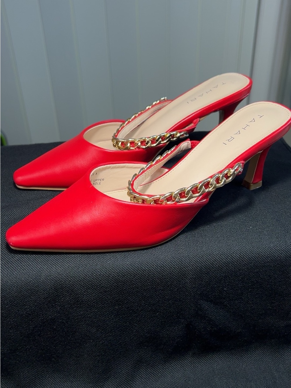Tahari Red Pointed-Toe Mule with Gold Chain Accent